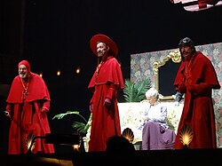 Monty Python members Terry Gilliam, Michael Palin and Terry Jones performing "The Spanish Inquisition" sketch during the 2014 Python reunion.