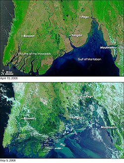 Satellite photography of the Irrawaddy Delta before (top) and after (bottom) Nargis hit the area.