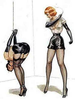 Illustration by Coutts (in Bizarre, under the name "John Willie"), showing a sadomasochistic scene between two women