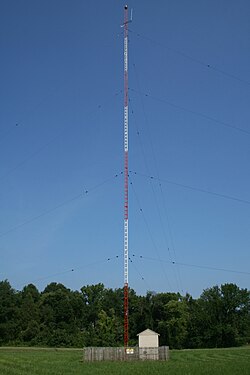Typical mast radiator of a commercial medium wave AM broadcasting station, Chapel Hill, North Carolina, U.S.