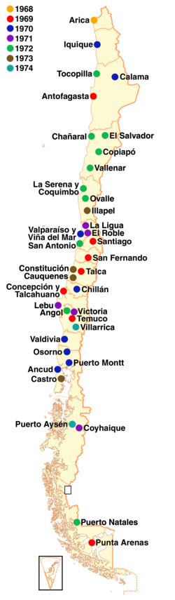 Main Chilean cities where TVN channels were installed between 1968 and 1974