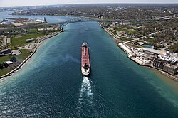 The Blue Water Bridge, a twin-span bridge across the St. Clair River that links Port Huron and Sarnia, Ontario