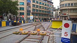 Temporary or 'Californian' points installed on tramline 81 at the junction of Avenue Louise and Rue Bailli (in French), a.k.a. Louisalaan and Baljuwstraat (in Dutch), Brussels