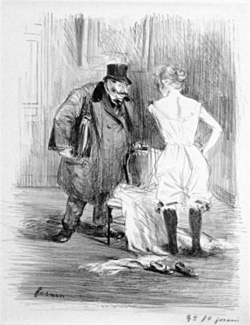 A large man dressed in a top hat and holding a briefcase holds a chair and watching a woman as she undresses.