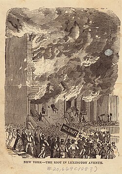 Rioters attacking a building during the New York anti-draft riots of 1863