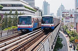 The BTS Skytrain is an elevated rapid transit system in Bangkok.