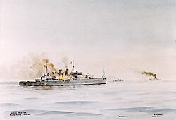 Painting depicting the cruisers HMS Exeter (foreground) and HMS Achilles (right centre background) in action with the German heavy cruiser Graf Spee (right background)