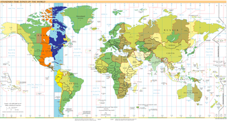 UTC−05:00: blue (January), orange (July), yellow (year-round), light blue (sea areas)