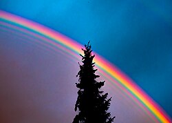 High dynamic range photograph of a rainbow with additional supernumerary bands inside the primary bow