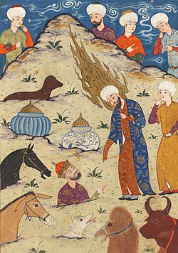 Islamic depiction of Musa watching Qarun and his palace be swallowed by the earth from a Persian 1580 manuscript.
