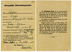 A so-called Red Card, designating one's affiliation with the Confessing Church in order to access any Confessing Church event, since all its events were banned by the Nazi government to be open for the public
