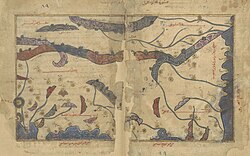 The Maghreb (south-up) in Muhammad al-Idrisi's Nuzhat al-Mushtāq (نزهة المشتاق في اختراق الآفاق), also known as the Tabula Rogeriana (12th century).[2]