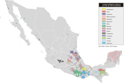 The distribution of indigenous languages in Mexico, with more than 100,000 speakers