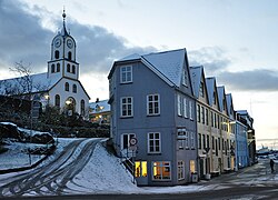 Tórshavn Cathedral and Bryggjubakki street (left) and Undir Bryggjubakka street (right) at the centre of the city