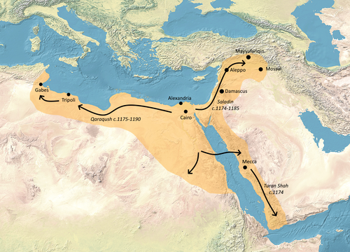 Ayyubid expansion 1174–1193, including the campaigns of Saladin, Qaranqush and Turan-Shah.[44]