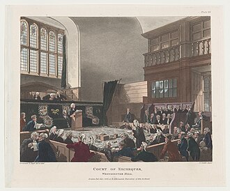 A trial underway in the Court of Exchequer in 1808. The court sits in a room 'contiguous to the north-west corner of Westminster Hall'; the Lord Chief Baron presides.[95]