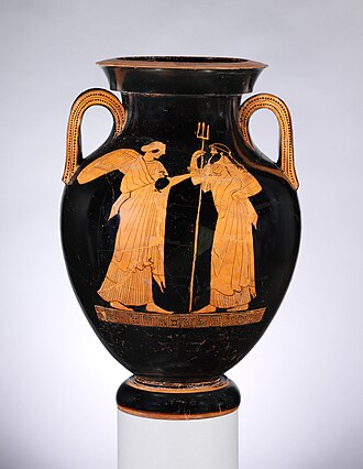 Poseidon and Nike (victory). Terracotta Attic amphora by the Syracuse Painter, one of the last to decorate an amphora, 470-460 BC. Metropolitan Museum of Art, Manhattan, NY