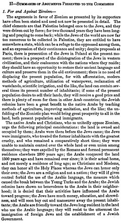 During the 1919 Paris Peace Conference, an Inter-Allied Commission was sent to Palestine to assess the views of the local population; the report summarized the arguments received from petitioners for and against Zionism.