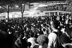 Students attending an open-air meeting on campus