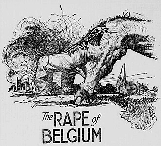 One of a series of newspaper illustrations published to promote Hugh Simons Gibson's (1883–1954) The Rape of Belgium before and during its 36-part serialization in the New-York Tribune (November 4, 1917 – December 9, 1917). Most of the advertisements appeared before November 10, 1917.