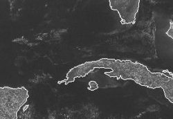 Sea breeze convergence in Cuba is very similar to that in Florida. The northern sea breeze meets the southern sea breeze, creating a sharp convergence line in the cumulus field.
