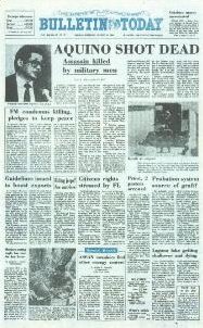 The front page of Manila Bulletin, when it was still known as Bulletin Today, on the day after Benigno Aquino Jr.'s assassination