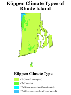 Köppen climate types of Rhode Island, using 1991–2020 climate normals