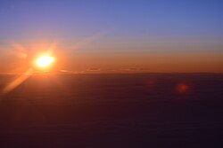 The sun over the horizon as seen from the North Pole looking towards the 180th meridian (the International Date Line), 2015