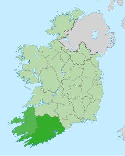 The South-West region of Ireland with each constituent local government area highlighted.
