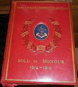 The Roll of Honour 1914–1919 contains over 8000 names of men. It is displayed in a wooden case in the Services Chapel of Lincoln Cathedral