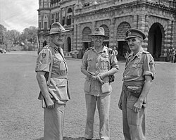 Lieutenant General Sir William Slim (GOC Fourteenth Army, left), Air Vice Marshal Stanley Vincent (AOC 221 Group South East Asia Air Forces, centre) and Major General Henry Chambers (GOC 26th Indian Division, right) at Government House, Rangoon, 8 May 1945.