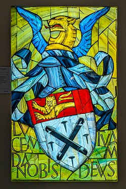 Arms of the company in stained glass by Moira Forsyth