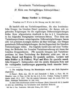 First page of Emmy Noether's article "Invariante Variationsprobleme" (1918), where she proved her theorem