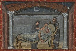 Aeneas urged by the Penates to continue his journey to found Rome (4th century AD illustration)[13]