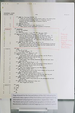 A printout of the SGML markup used in the computerization of the OED, showing pencil annotations used to mark corrections