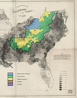 Map of the county secession votes of 1860–1861 in Appalachia within the ARC definition. Virginia and Tennessee show the public votes, while the other states show the vote by county delegates to the conventions.