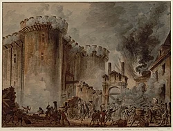 drawing of the Storming of the Bastille on 14 July 1789, smoke of gunfire enveloping stone castle