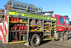 A Scottish Fire and Rescue Service engine from the Girvan fire station in 2017