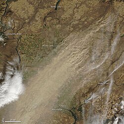Dryland farming caused a large dust storm in arid parts of Eastern Washington on October 4, 2009. Courtesy: NASA/GSFC, MODIS Rapid Response.[81]