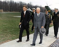 President John F. Kennedy meets with General Eisenhower at Camp David, April 22, 1961, three days after the failed Bay of Pigs Invasion.