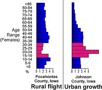 Population age comparison between rural Pocahontas County, Iowa and urban Johnson County, Iowa, illustrating the flight of young adults (red) to urban centres in Iowa.[22]