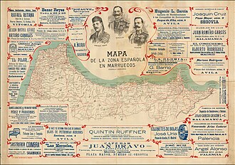 1920 map of the "Spanish zone in Morocco", with images of Santiago Tablas [es], Dámaso Berenguer and Manuel Fernández.