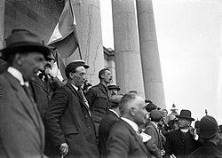 Éamon de Valera, Irish political leader, pictured outside Ennis Courthouse in 1917. He would later be involved in introducing the 1937 Constitution of Ireland.