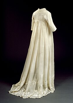 Bridal gown made from nettle fibres, probably worn by Eleonora Sophie Rantzau (1779-) at her wedding to Preben Bille-Brahe, Hvedholm Castle. National Museum of Denmark.
