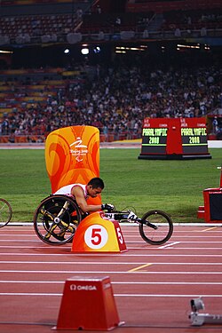Competitor in a wheelchair race at the 2008 Summer Paralympics