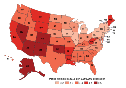 Map depicting rates of police killings by state in the United States in 2018