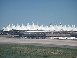 The main terminal of Denver International Airport evokes the peaks of the Front Range.
