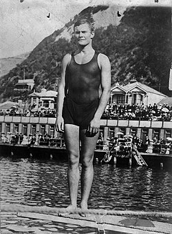 Bernard Freyberg c. 1904. at Te Aro Baths, now the site of The Freyberg Pool