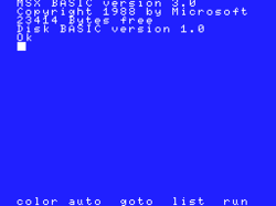 A blue screen with white text: "MSX BASIC version 3.0 / Copyright 1988 by Microsoft / 23414 Bytes free / Disk BASIC version 1.0 / Ok" and a square representing the cursor. On the bottom line, "color auto goto list run".