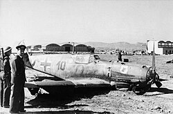 A German Messerschmitt which was crash-landed on the military airfield at Larissa, shot down by RAF pilots during WWII